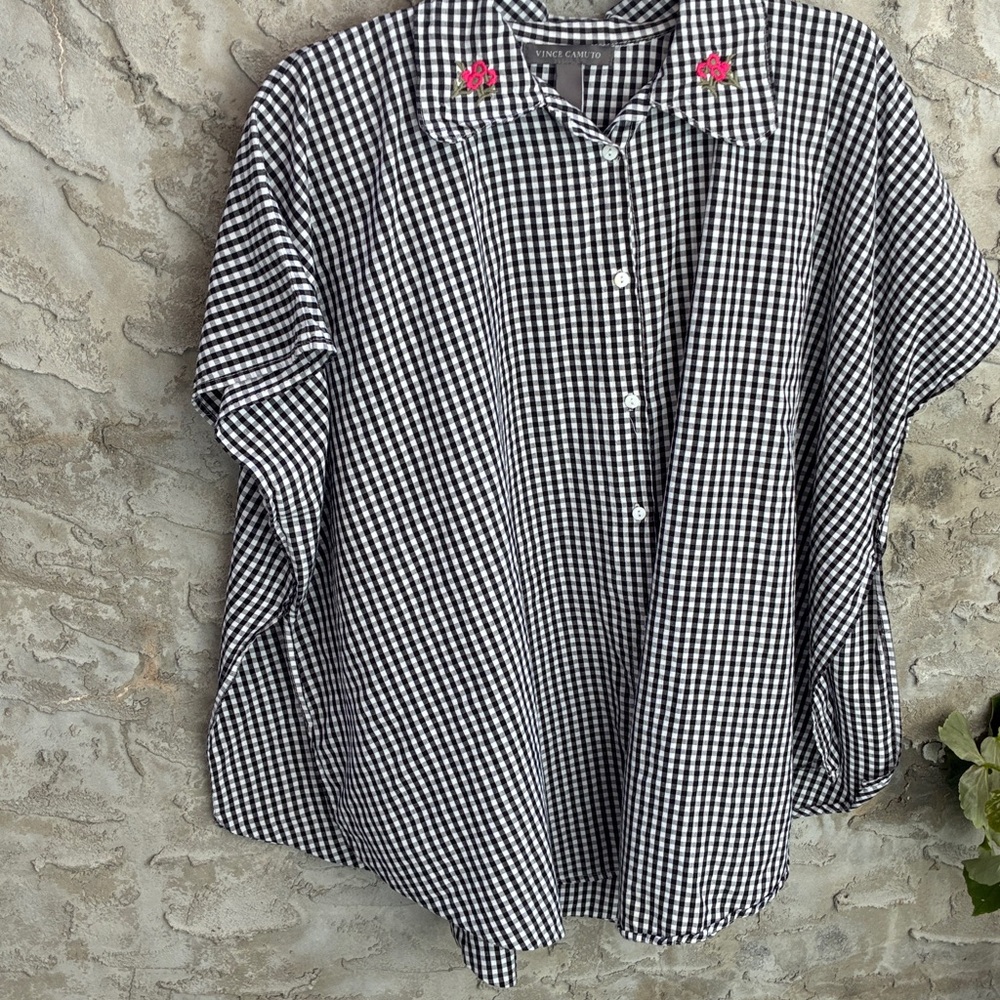 Boho Boxy Short-Sleeve Lagenlook Checked button up small Flowers Hippie Sz OS